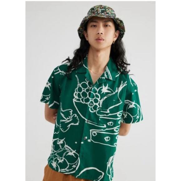 Obey Green White Still Life Good Print Short Sleeve Button Down Shirt Medium - Picture 1 of 4